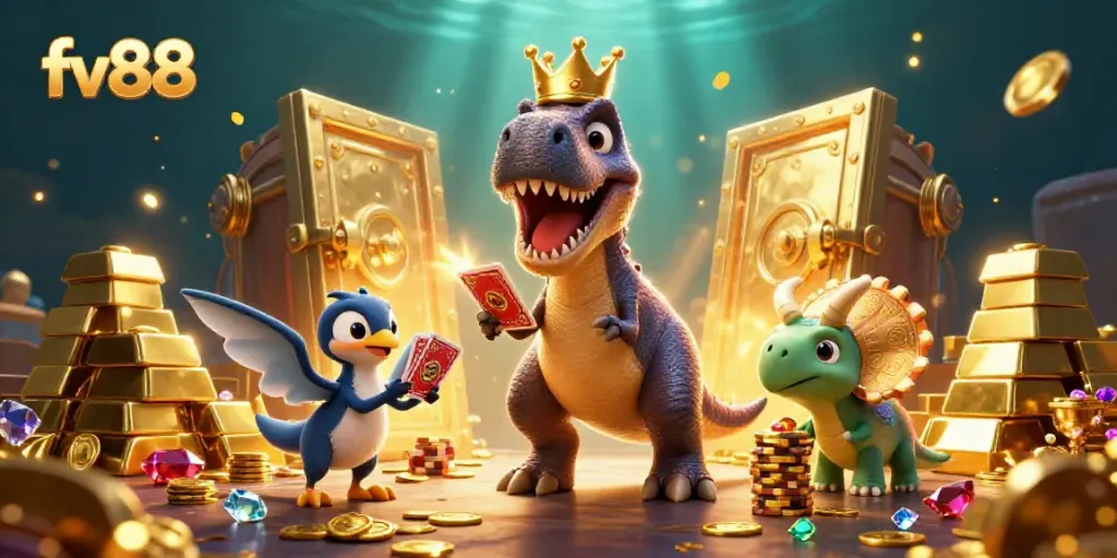 Experience thrilling gaming with fv88, featuring a T-Rex shuffling cards, guarded by a pterodactyl and a triceratops stacked with chips.