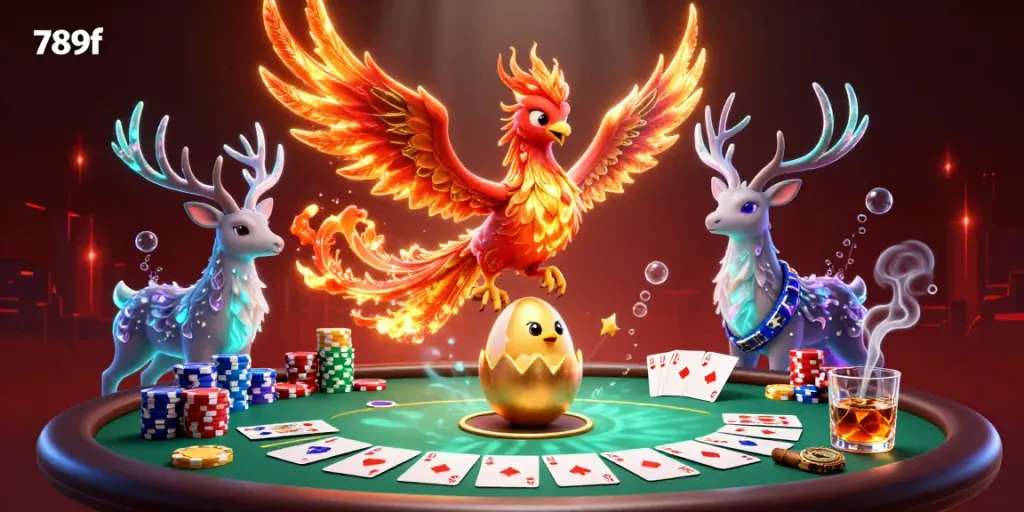 Engage with the thrilling energy of 789f as phoenix and stag dominate a dynamic poker scene filled with vibrant casino elements.