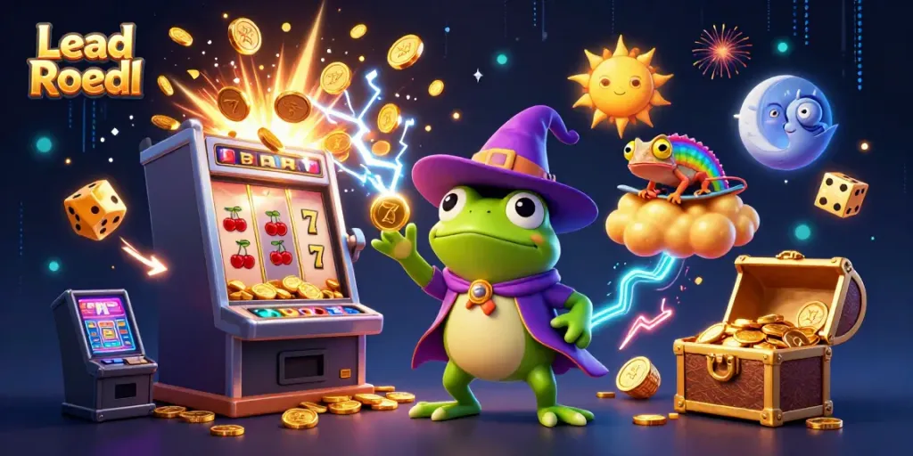 Lead Roedl showcases a vibrant casino scene with a weather wizard frog and a chameleon among golden coins.