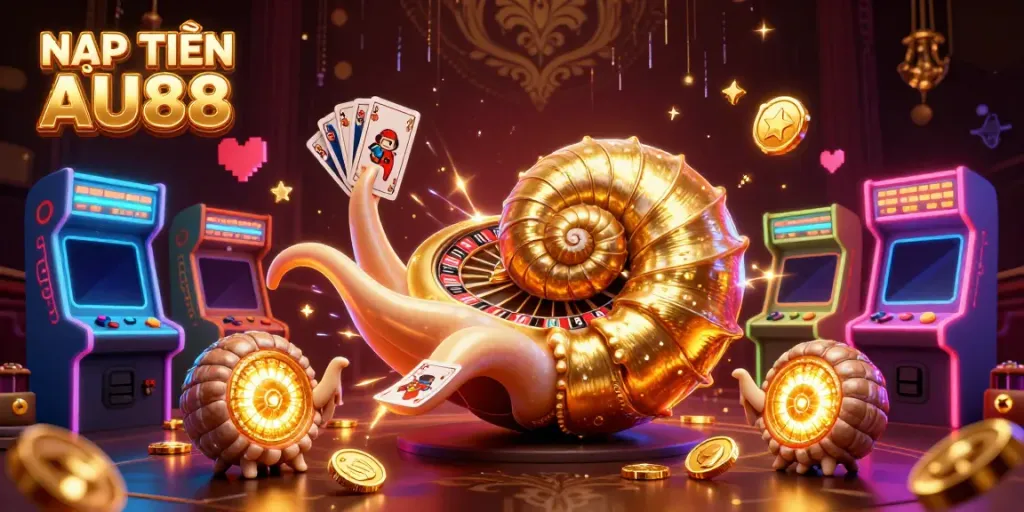 NẠP TIỀN AU88 with a giant nautilus roulette wheel and glowing ammonite companions in a vibrant casino setting.
