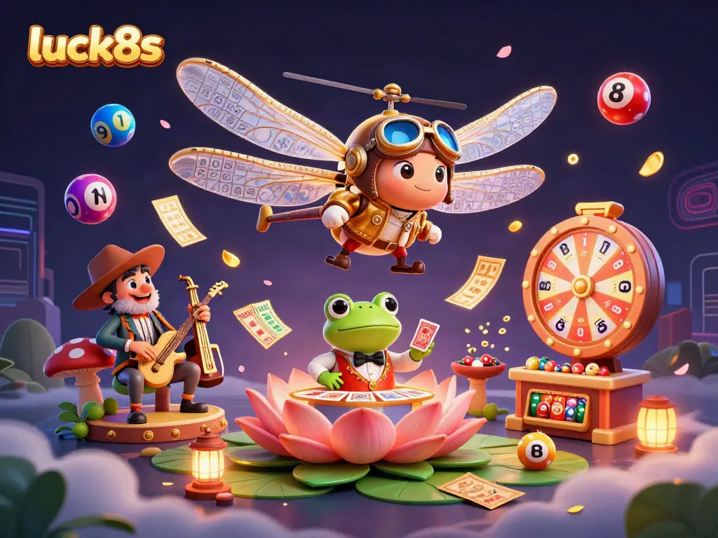 Watch the dragonfly pilot luck8s above a vibrant lily pad casino scene filled with dynamic game elements.