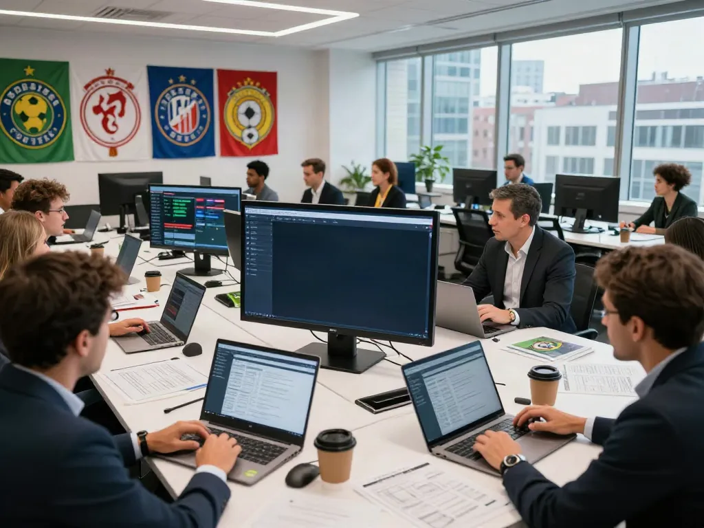ข่าวตลาดซื้อขายนักเตะ in a busy sports agency with analysts discussing player transfers.