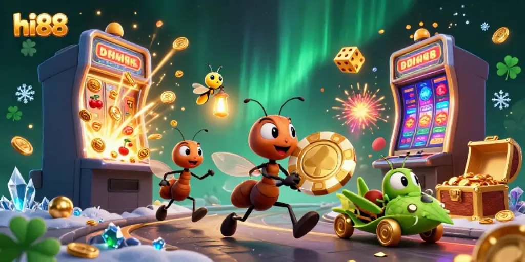Play with hi88 as cartoon ants escape with a massive poker chip in a vibrant casino heist scene.