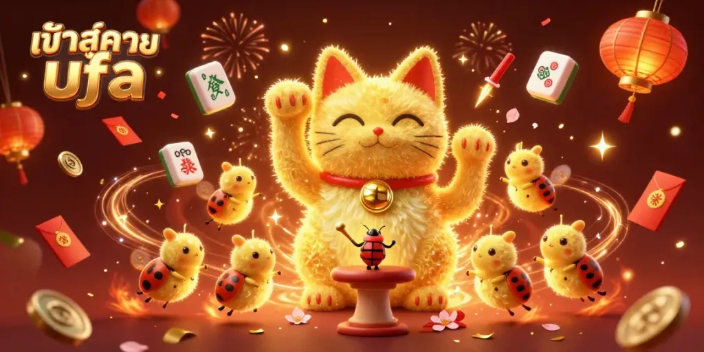 Engage with the vibrant world of online gambling as you log in to ufa, featuring a giant lucky cat and dynamic casino symbols.