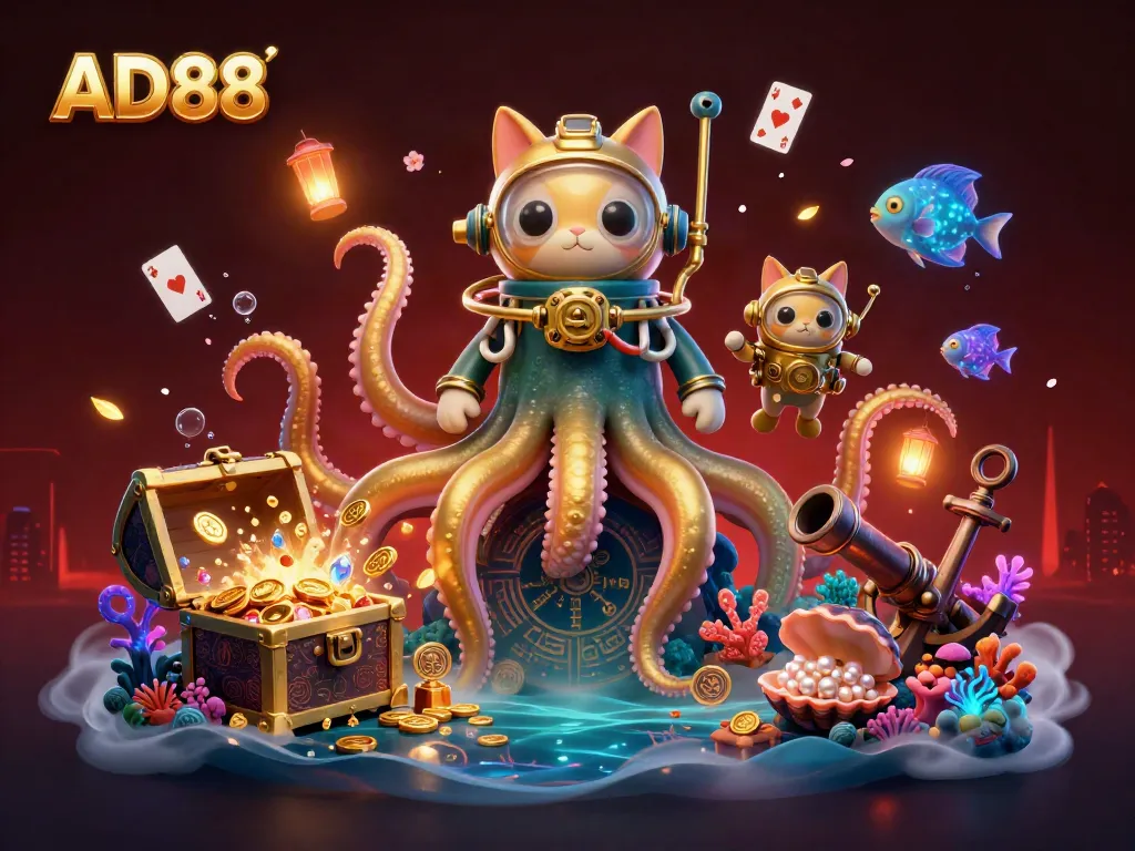 Engage in thrilling gaming adventures with the colossal kraken and diving cat at AD88 casino.