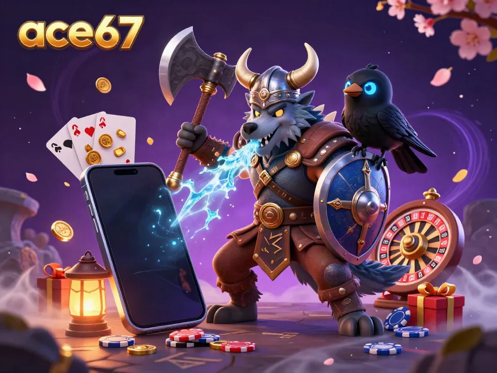 Experience thrilling action with ace67 in a vibrant 3D casino scene featuring a Viking warrior, dragon, and casino elements.