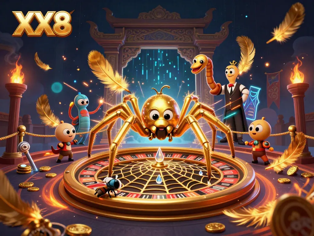 Engage in the thrill of XX8 gambling with a spider, roulette web, and betting fly in a dynamic scene.