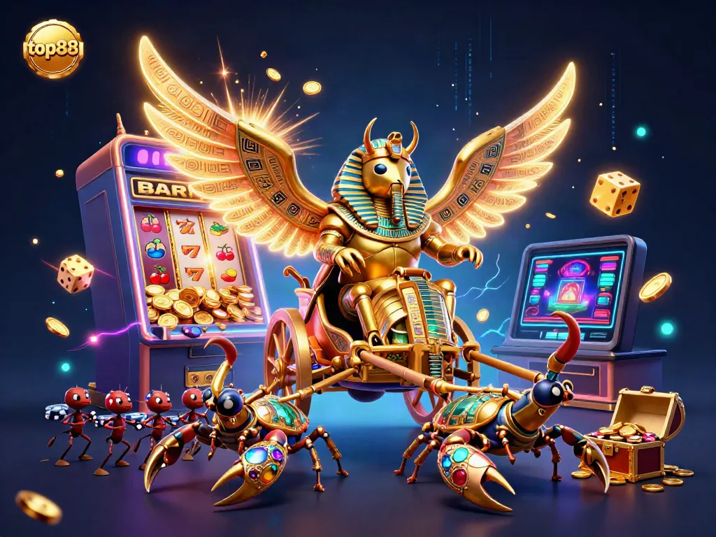 Engage with top88's thrilling casino experience featuring a golden scarab, ornate scorpions, and exploding slot machine treasures.