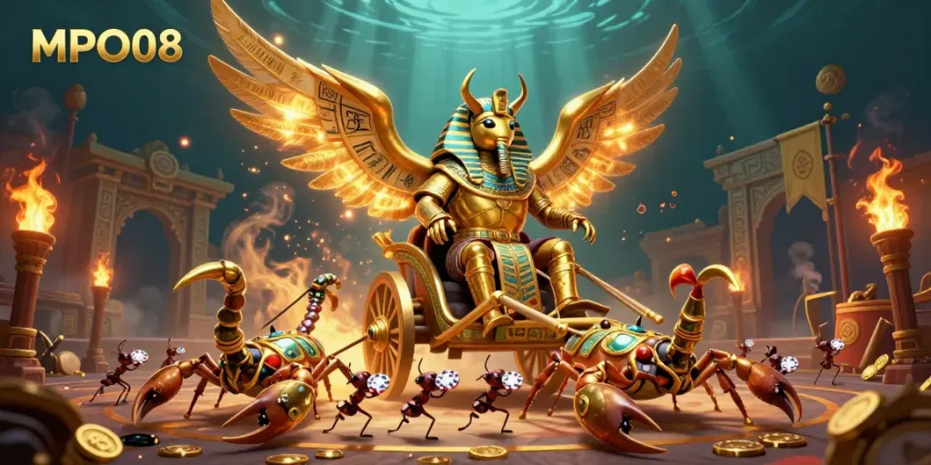 Experience the excitement of MPO08 with a vibrant scene featuring a colossal scarab beetle and iconic casino elements.