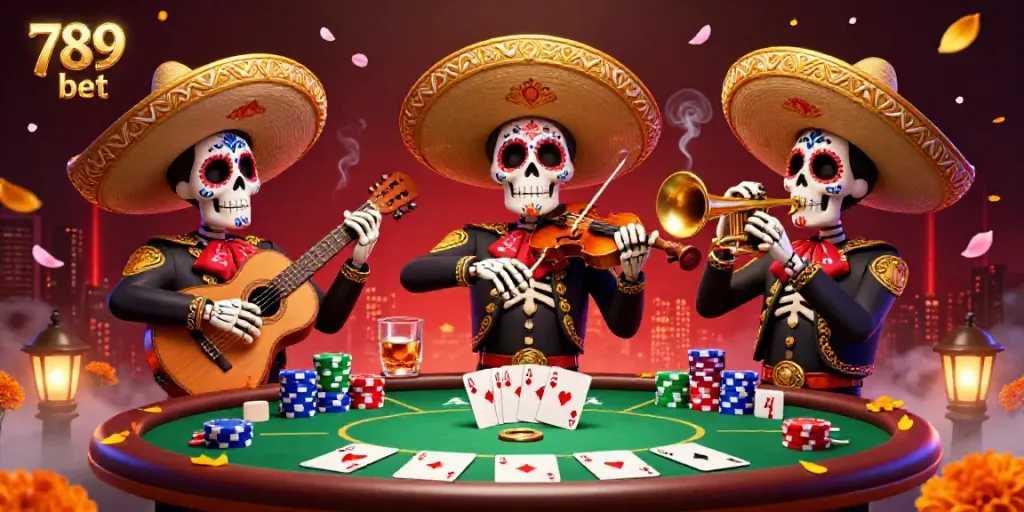 Experience vibrant action at 789 bet with our Día de los Muertos poker scene, filled with excitement and colorful characters.