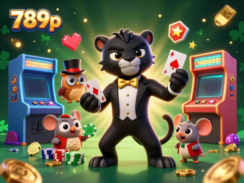 Engage with vivid casino action at 789p featuring a charming panther dealer, an owl with poker chips, and a lucky mouse.
