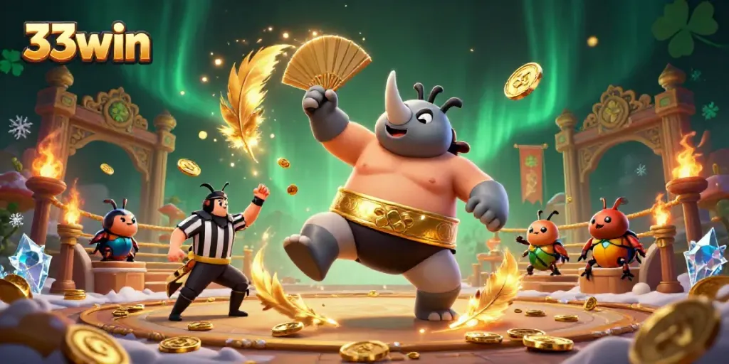 Experience the thrill of gaming at 33win with an energetic scene of a sumo beetle champion amidst coins and betting tokens.