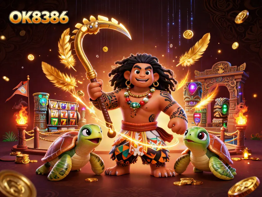 Spin the reels with OK8386's vibrant 3D illustration showcasing thrilling casino gaming elements.