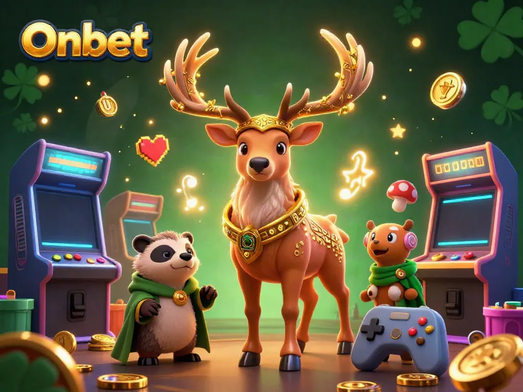 Experience Onbet's magic with a Celtic druid stag and wise badger in a vibrant casino scene.