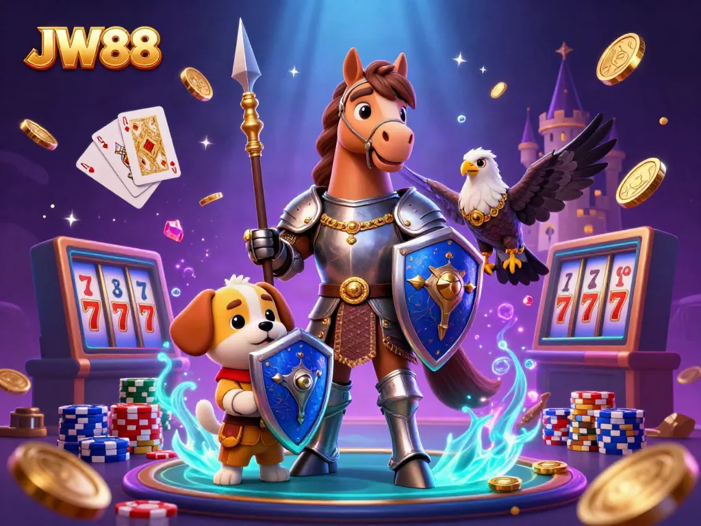 Experience the excitement of JW88 with a captivating 3D casino scene featuring animated characters, coins, and dynamic gaming elements.
