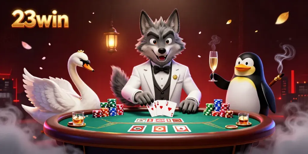 Engage with 23win through an elegant 3D cartoon casino scene featuring a wolf, swan, and penguin.