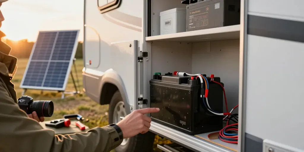 Exploring a 12-volt battery installation in an RV setting, showcasing practical camping gear.