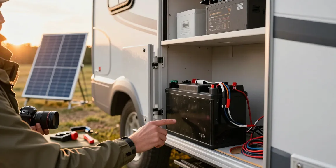 Exploring a 12-volt battery installation in an RV setting, showcasing practical camping gear.