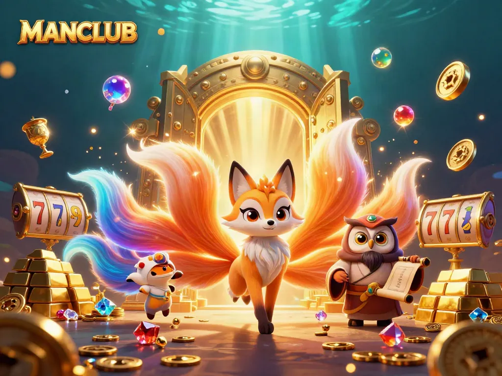 Join MANCLUB for vibrant slot reels and excitement in a magical casino scene brimming with treasures.