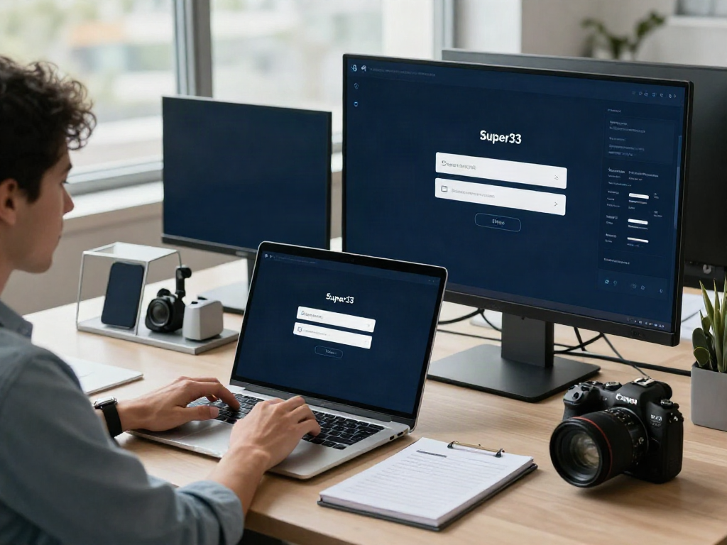 Engaging office scene highlighting a secure Super33 login experience with a user accessing a laptop.