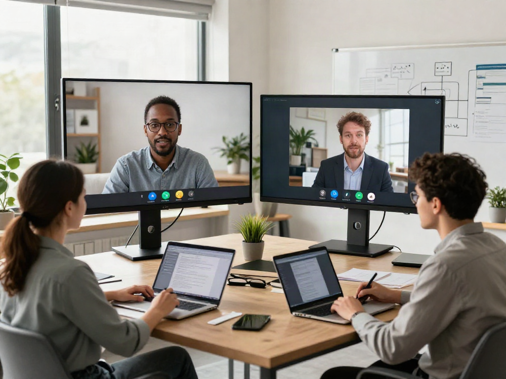 Deepfake protected Online Video Calls, Meetings and Conferencing in a modern office with diverse professionals collaborating.